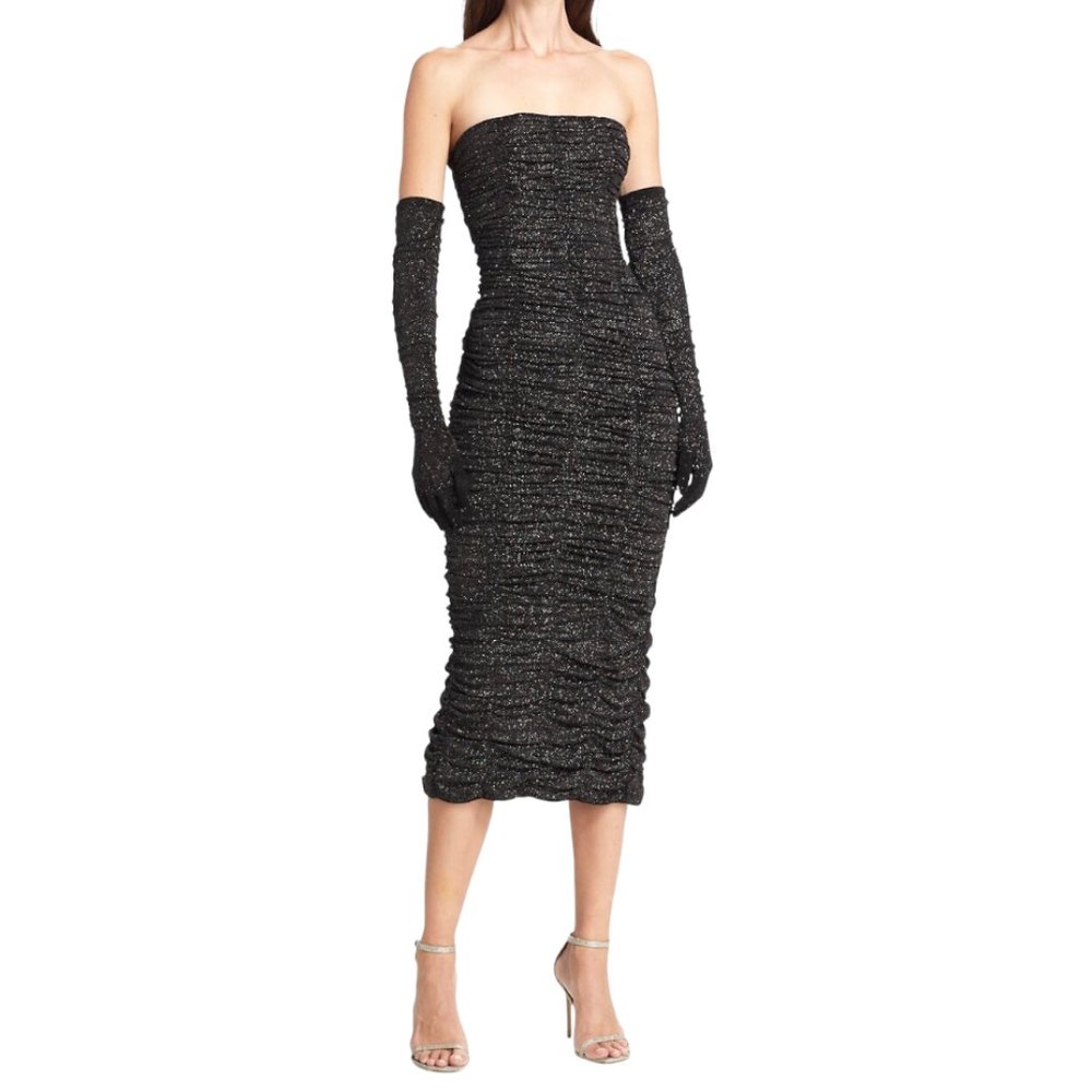 Sau Lee Farrah Glitter Ruched Midi Dress with Gloves